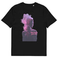 black unisex t-shirt front view with abstract purple and pink smoke woman portrait graphic

