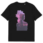 black unisex t-shirt front view with abstract purple and pink smoke woman portrait graphic
