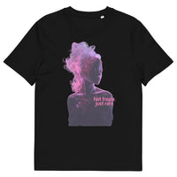black unisex t-shirt front view with abstract purple and pink smoke woman portrait graphic
