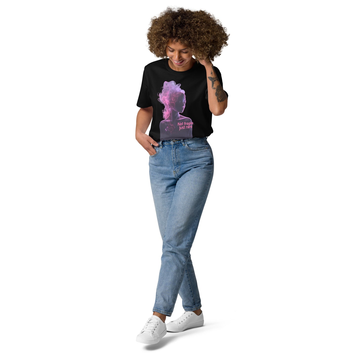 model wearing black unisex t-shirt front view with pink and purple female silhouette smoke artwork
