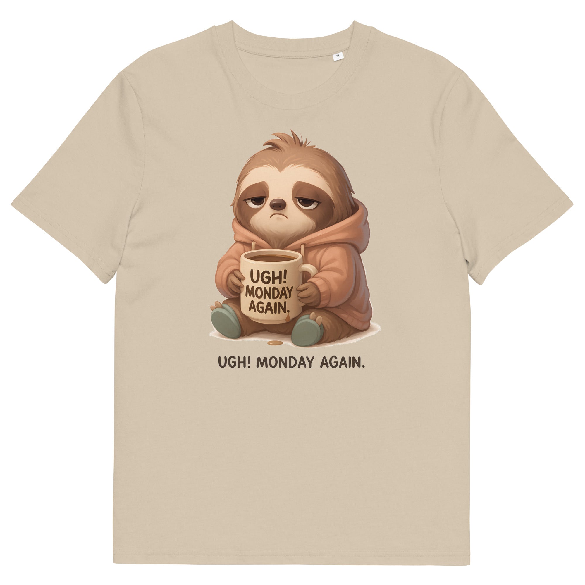 Beige unisex graphic t-shirt with sleepy sloth and coffee illustration design