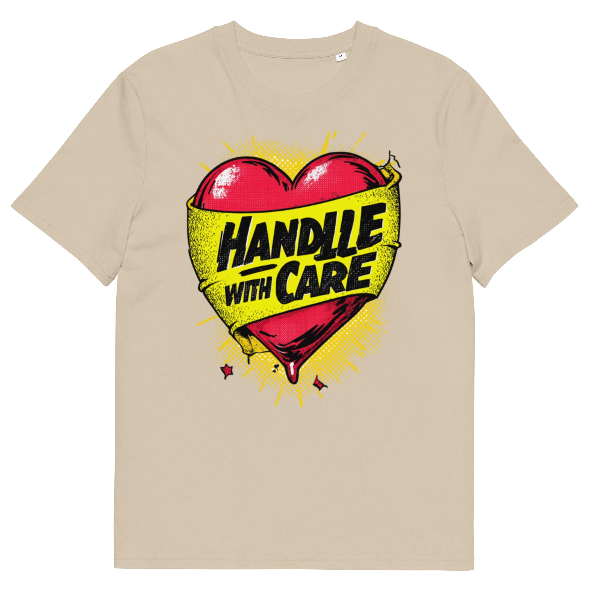 Beige unisex t-shirt with “Handle With Care” heart graphic design