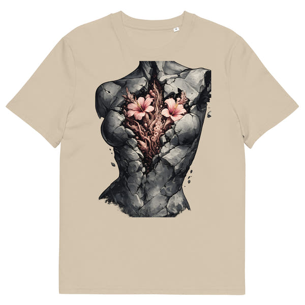  unisex t-shirt front view with surreal anatomical heart and blooming flowers graphic
