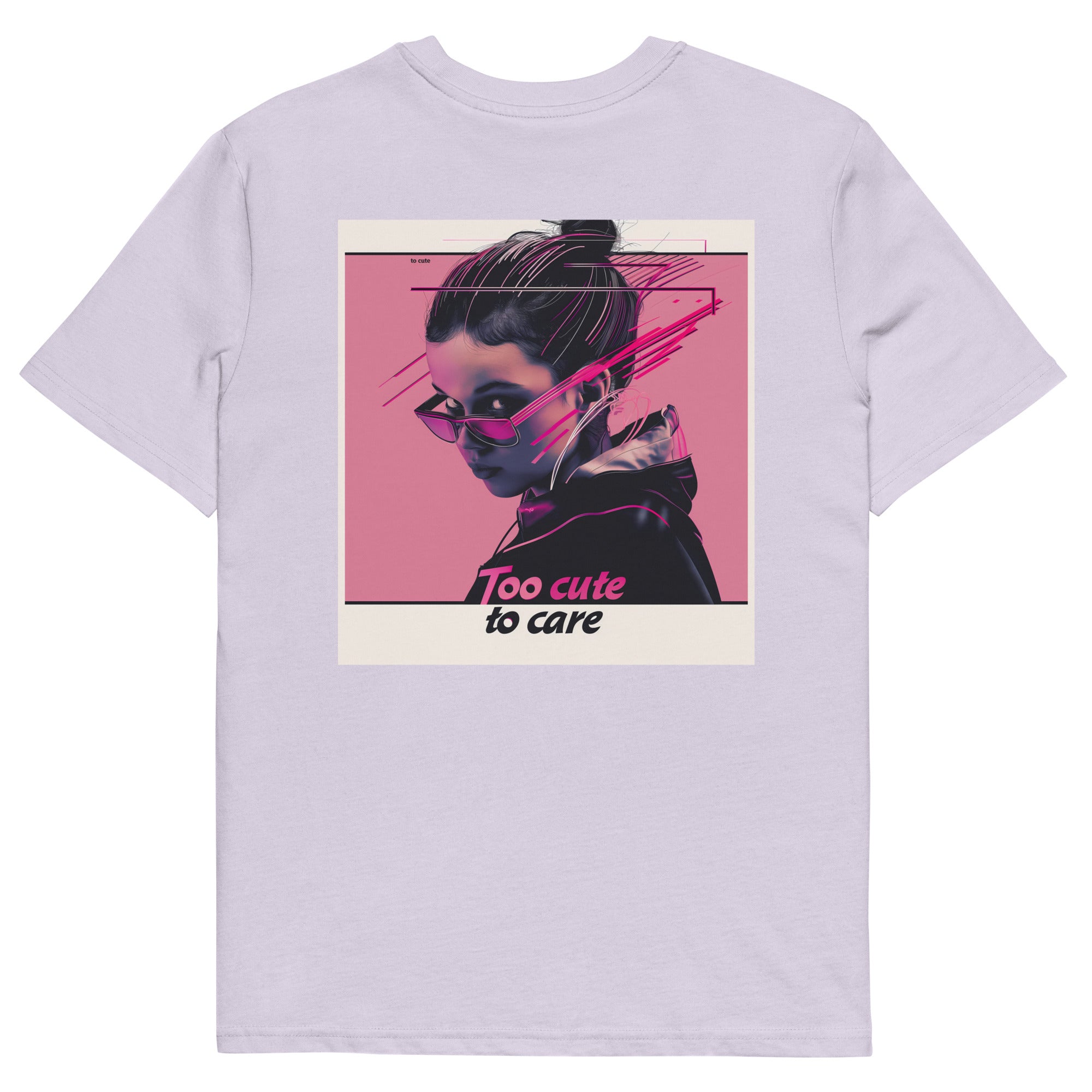 Lavender oversized t-shirt with retro glitch aesthetic portrait of woman wearing sunglasses and “Too cute to care” slogan graphic, urban streetwear design