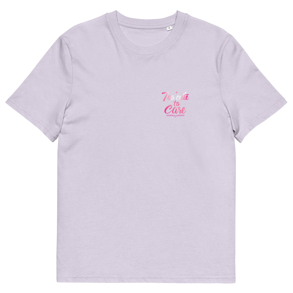 Lavender oversized streetwear t-shirt with small pink “Too cute to care” chest logo print, minimalist graphic design