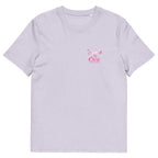 Lavender oversized streetwear t-shirt with small pink “Too cute to care” chest logo print, minimalist graphic design