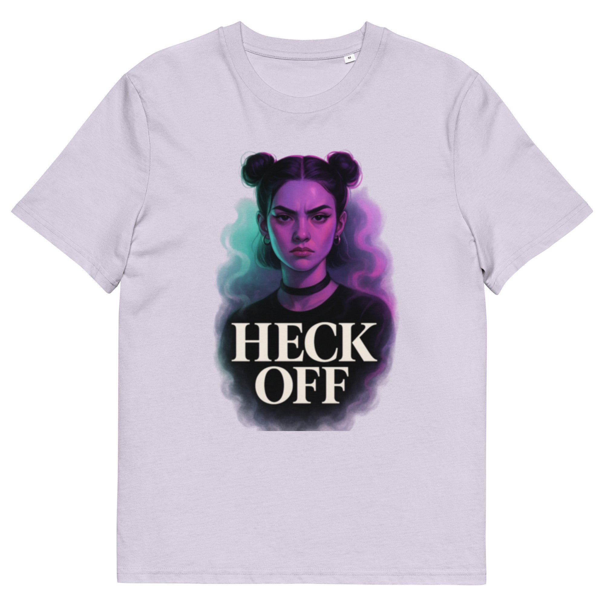 Lilac unisex graphic t-shirt front view with bold “Heck Off” portrait design
