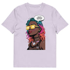 Lavender unisex graphic t-shirt with colorful comic-style portrait design
