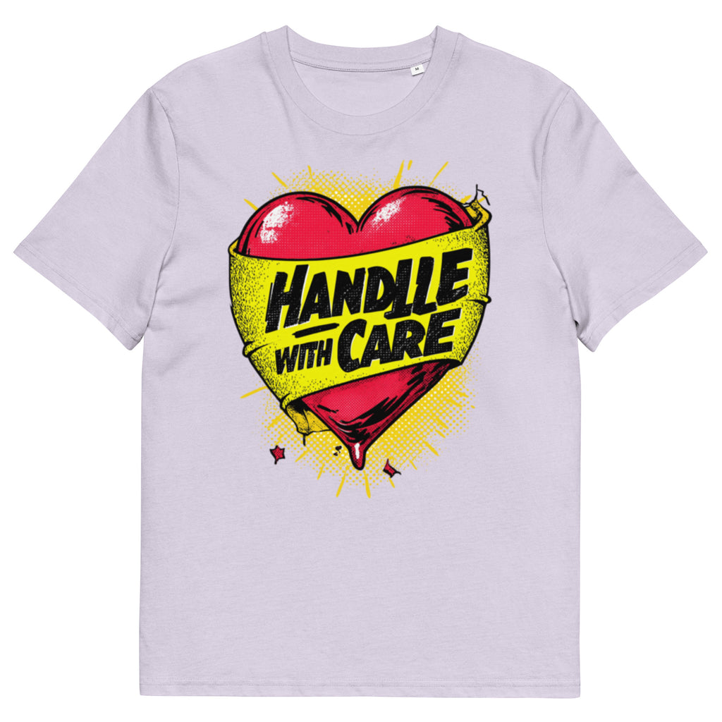 Lavender unisex t-shirt with “Handle With Care” heart graphic design