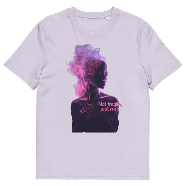 lilac unisex t-shirt front view with artistic woman silhouette made of colorful smoke effect
