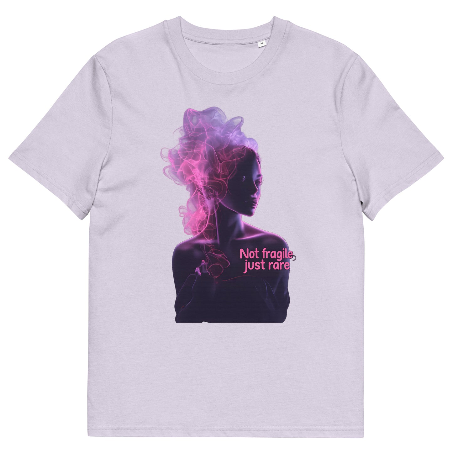 lilac unisex t-shirt front view with artistic woman silhouette made of colorful smoke effect

