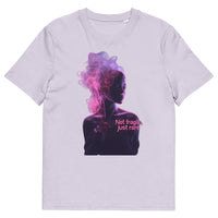 lilac unisex t-shirt front view with artistic woman silhouette made of colorful smoke effect

