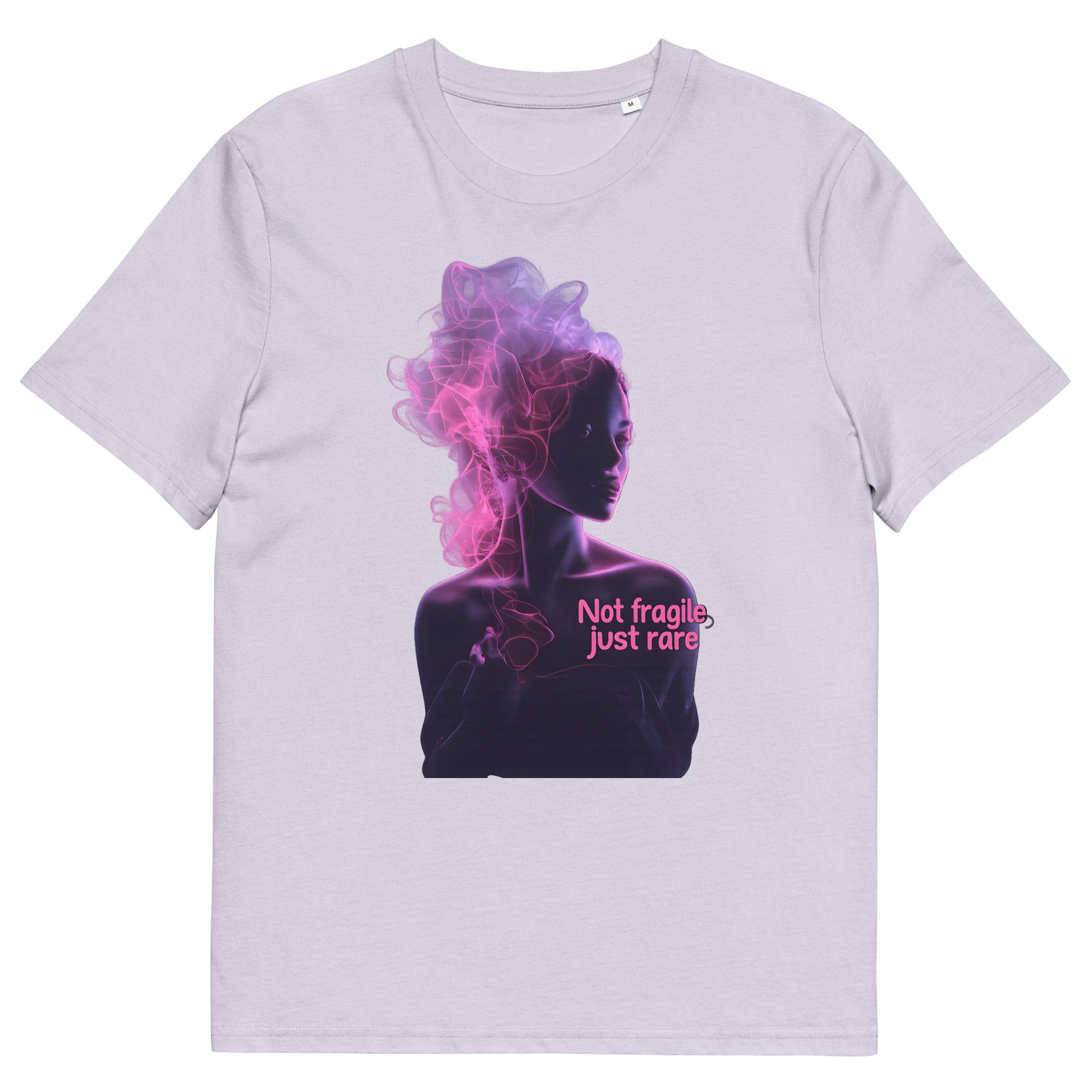 lilac unisex t-shirt front view with artistic woman silhouette made of colorful smoke effect
