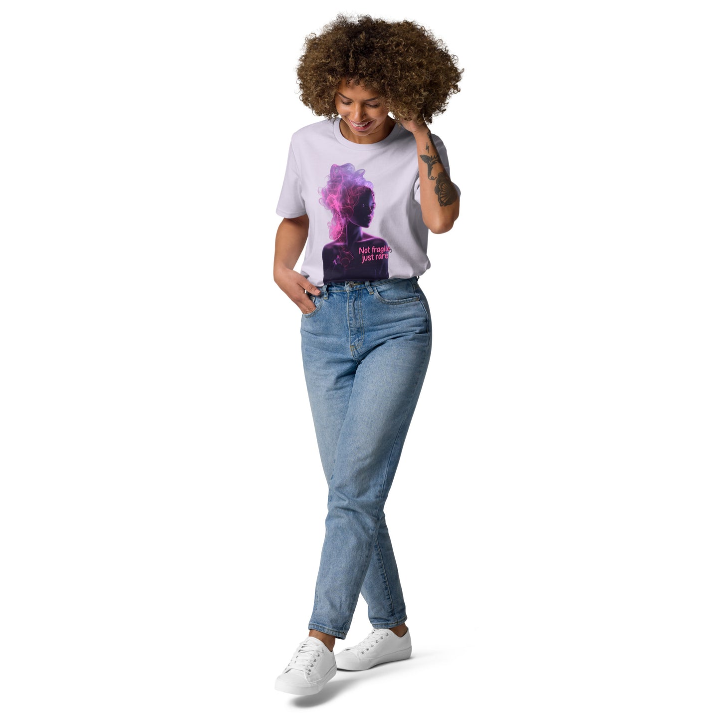 model wearing lilac unisex t-shirt front view with abstract woman silhouette in purple and pink smoke design
