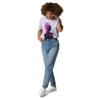model wearing lilac unisex t-shirt front view with abstract woman silhouette in purple and pink smoke design
