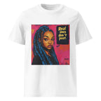 White  oversized graphic T-shirt featuring illustrated woman with blue braids and quote “Real ones don’t post” in bold streetwear style.