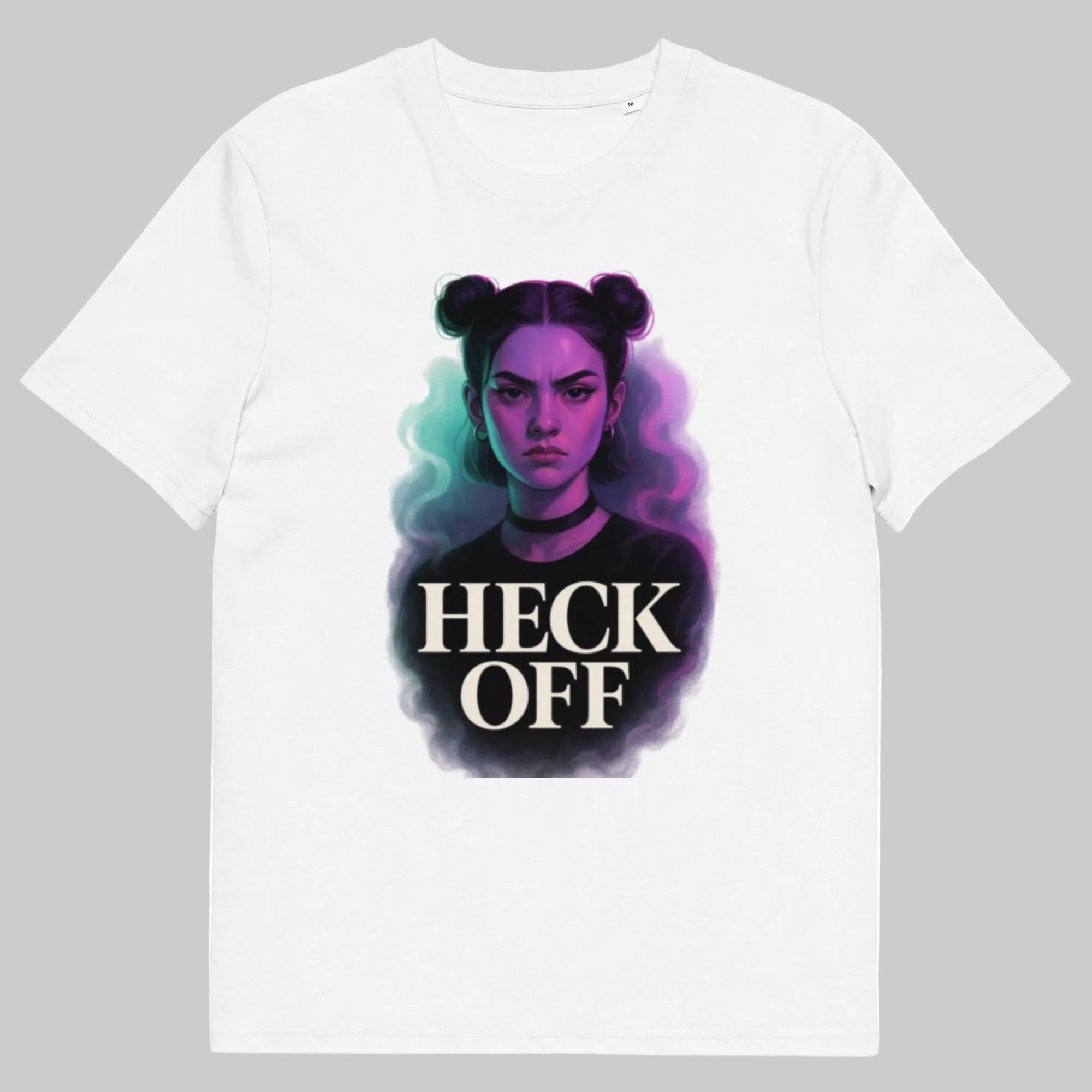 White unisex graphic t-shirt front view with “Heck Off” portrait artwork and typography