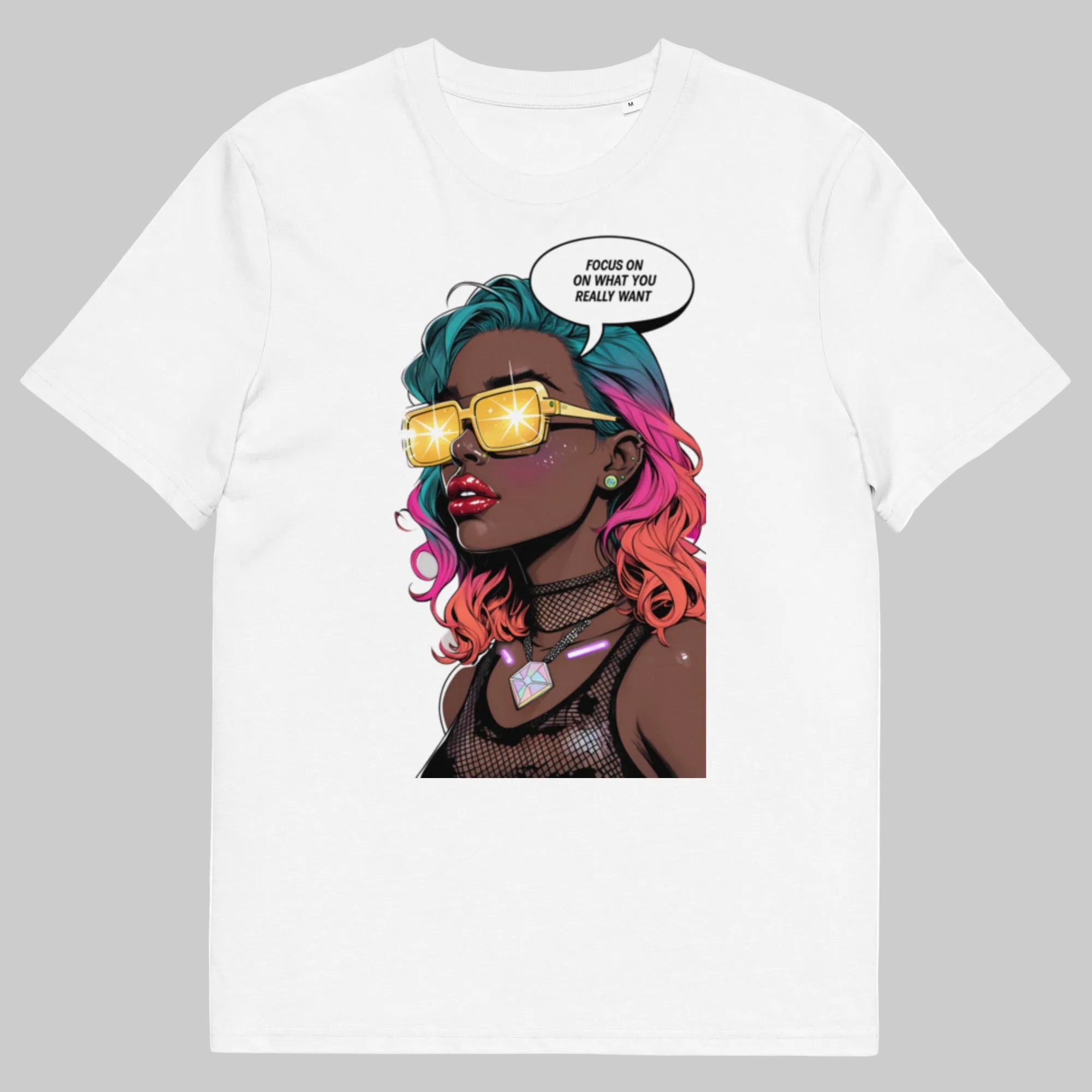 White unisex graphic t-shirt with colorful comic-style portrait design