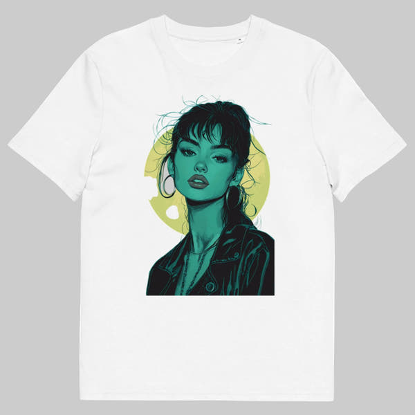 White organic cotton t-shirt with illustrated female front view portrait in teal tones and a circular yellow 
