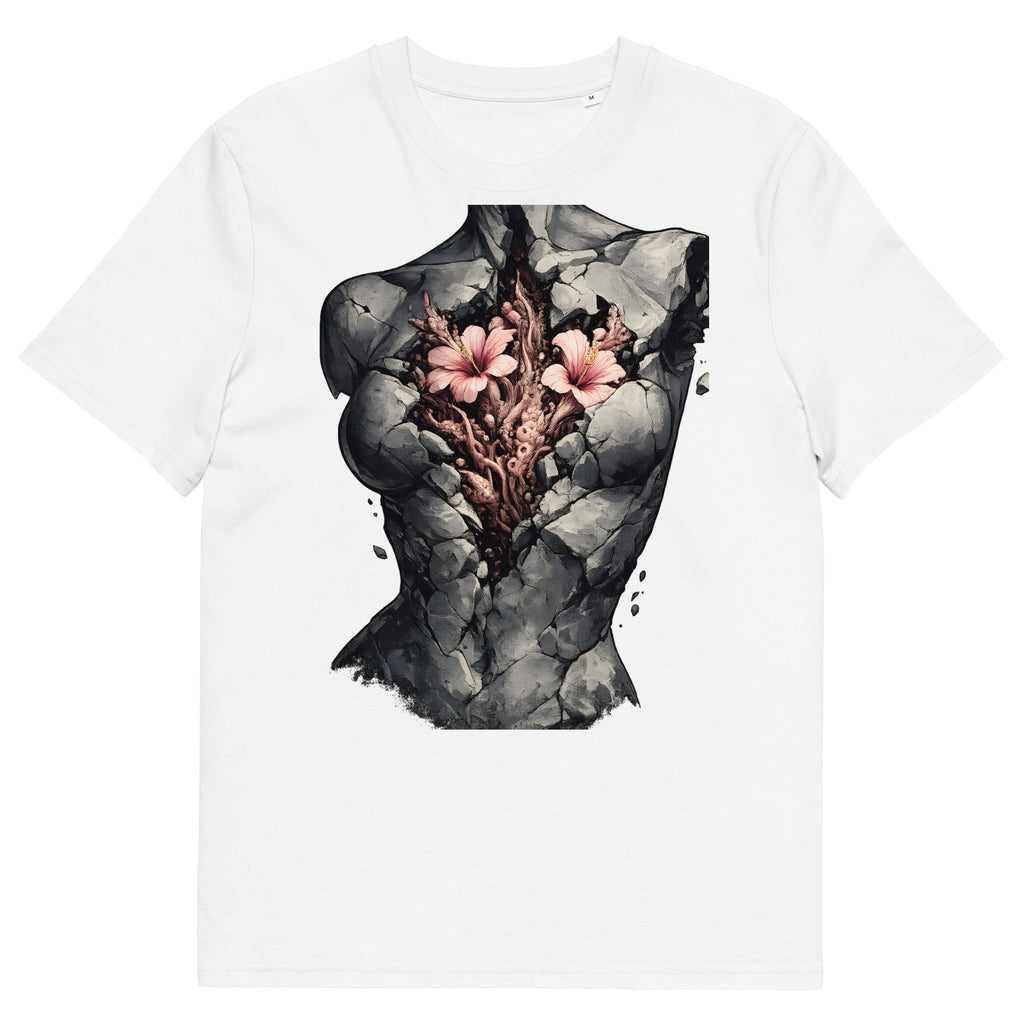  unisex t-shirt front view with surreal anatomical heart and blooming flowers graphic
