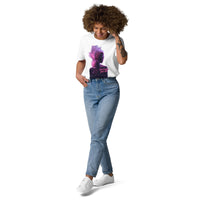 model wearing white unisex t-shirt front view with pink and purple female silhouette smoke art graphic
