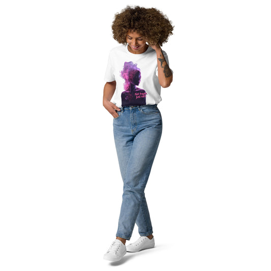 model wearing white unisex t-shirt front view with pink and purple female silhouette smoke art graphic
