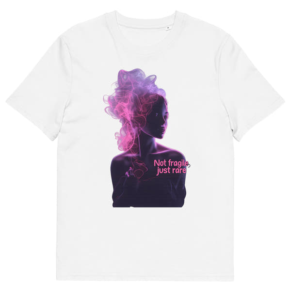 white unisex t-shirt front view with abstract female silhouette in pink and purple smoke illustration
