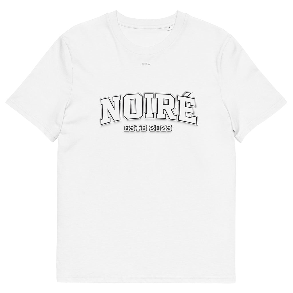 White Noiré oversized t-shirt, front view, clean studio mockup.