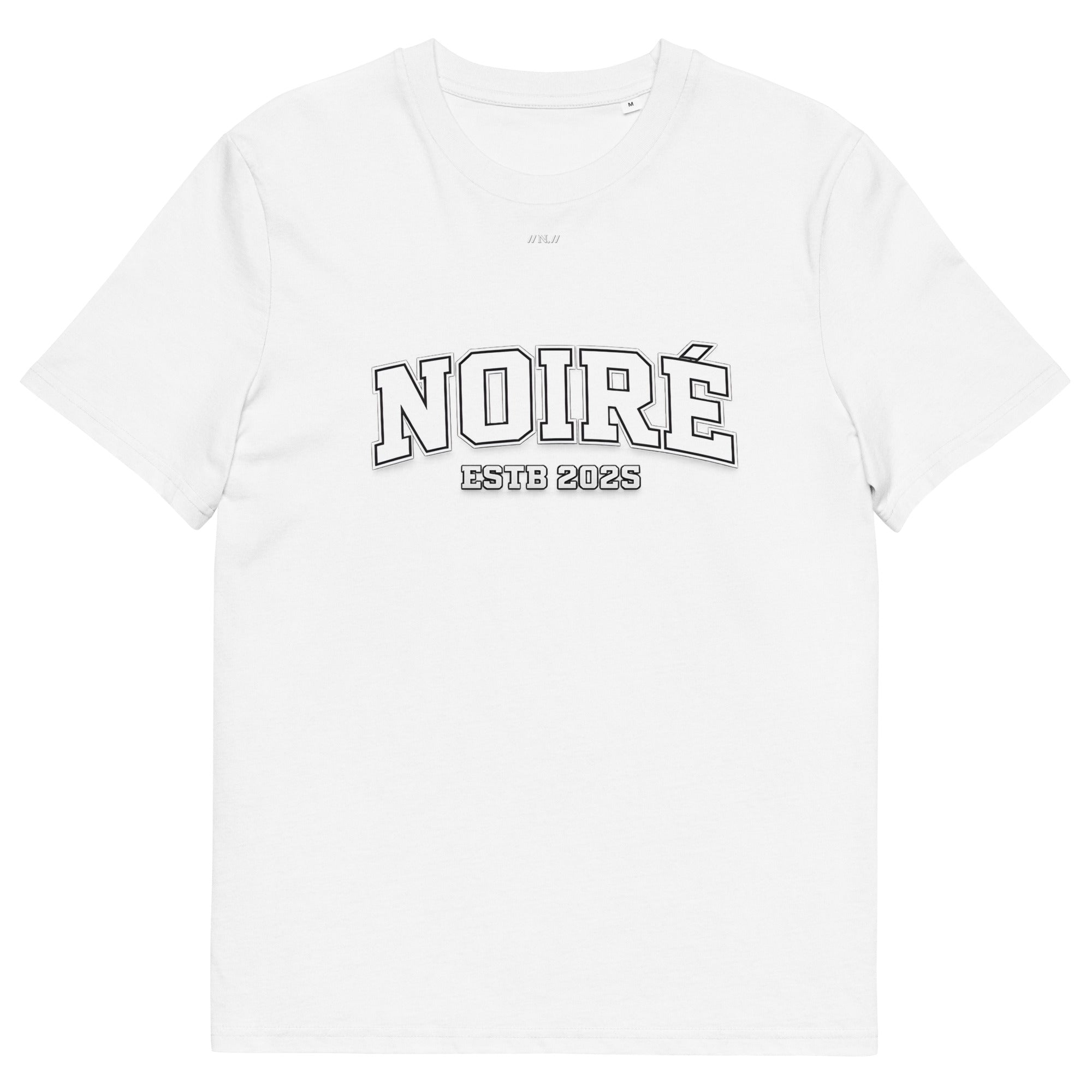 White Noiré oversized t-shirt, front view, clean studio mockup.