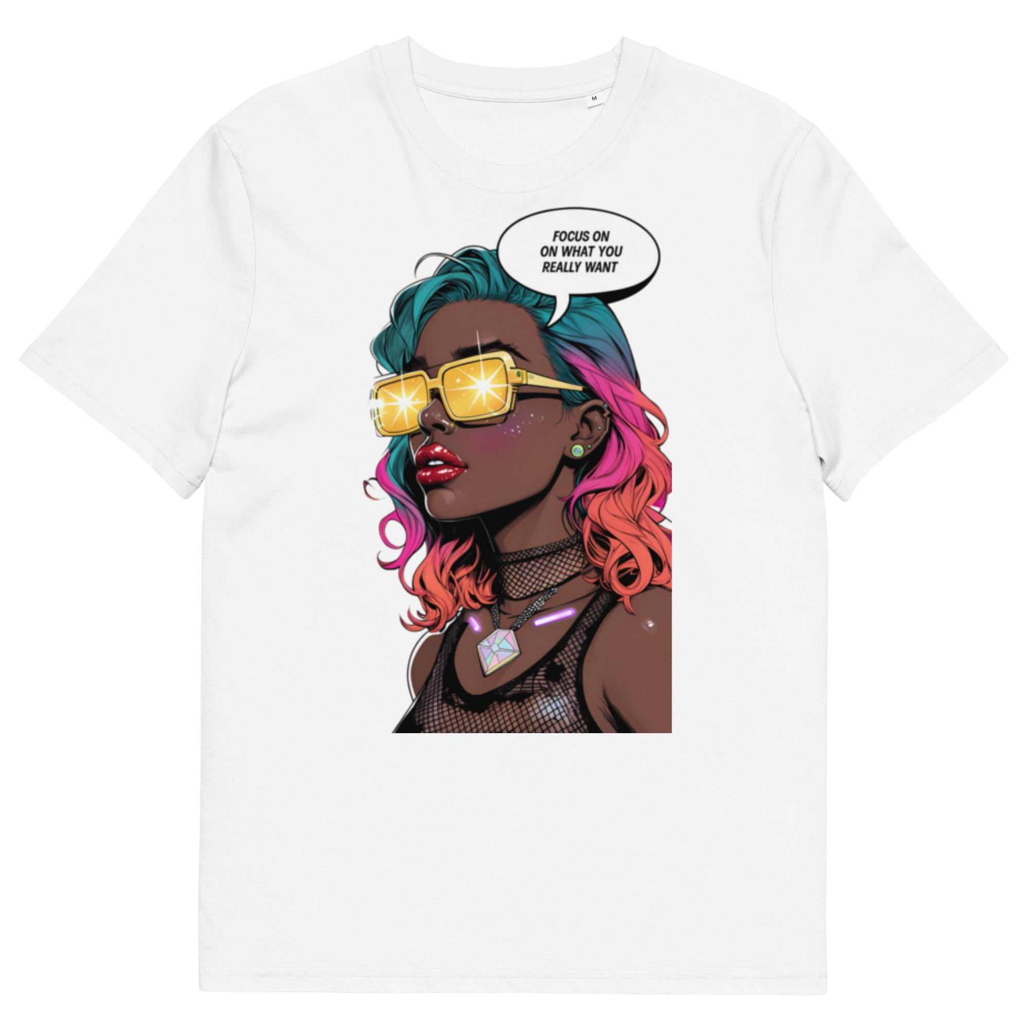 White unisex graphic t-shirt with colorful comic-style portrait design