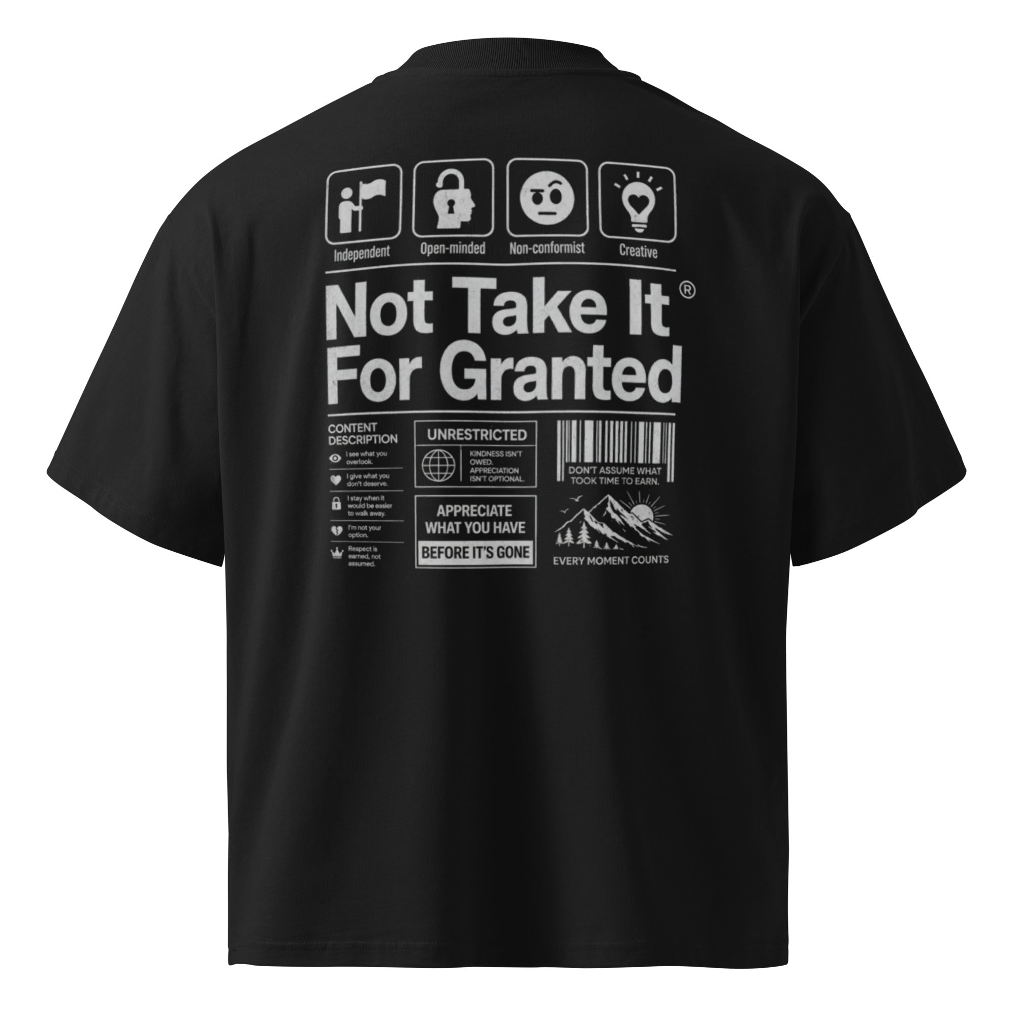 Back view oversized black graphic t-shirt not take it for granted statement back print urban streetwear fashion
