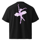 back view oversized black graphic streetwear t-shirt with pastel lavender ballerina sketch design