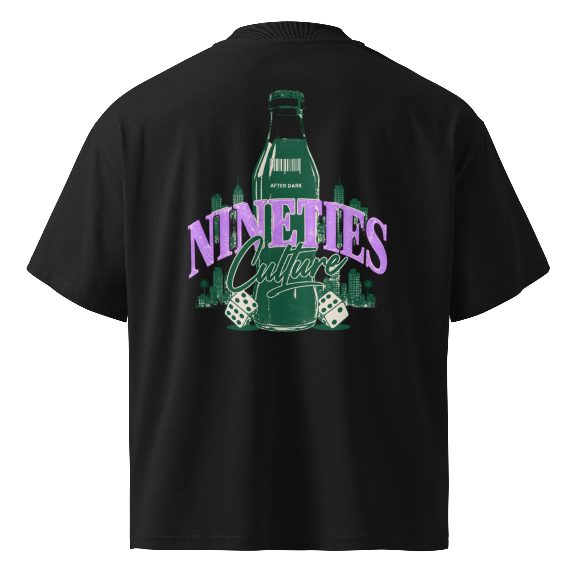 back view black oversized graphic t shirt nineties culture bottle graphic urban streetwear outfit
