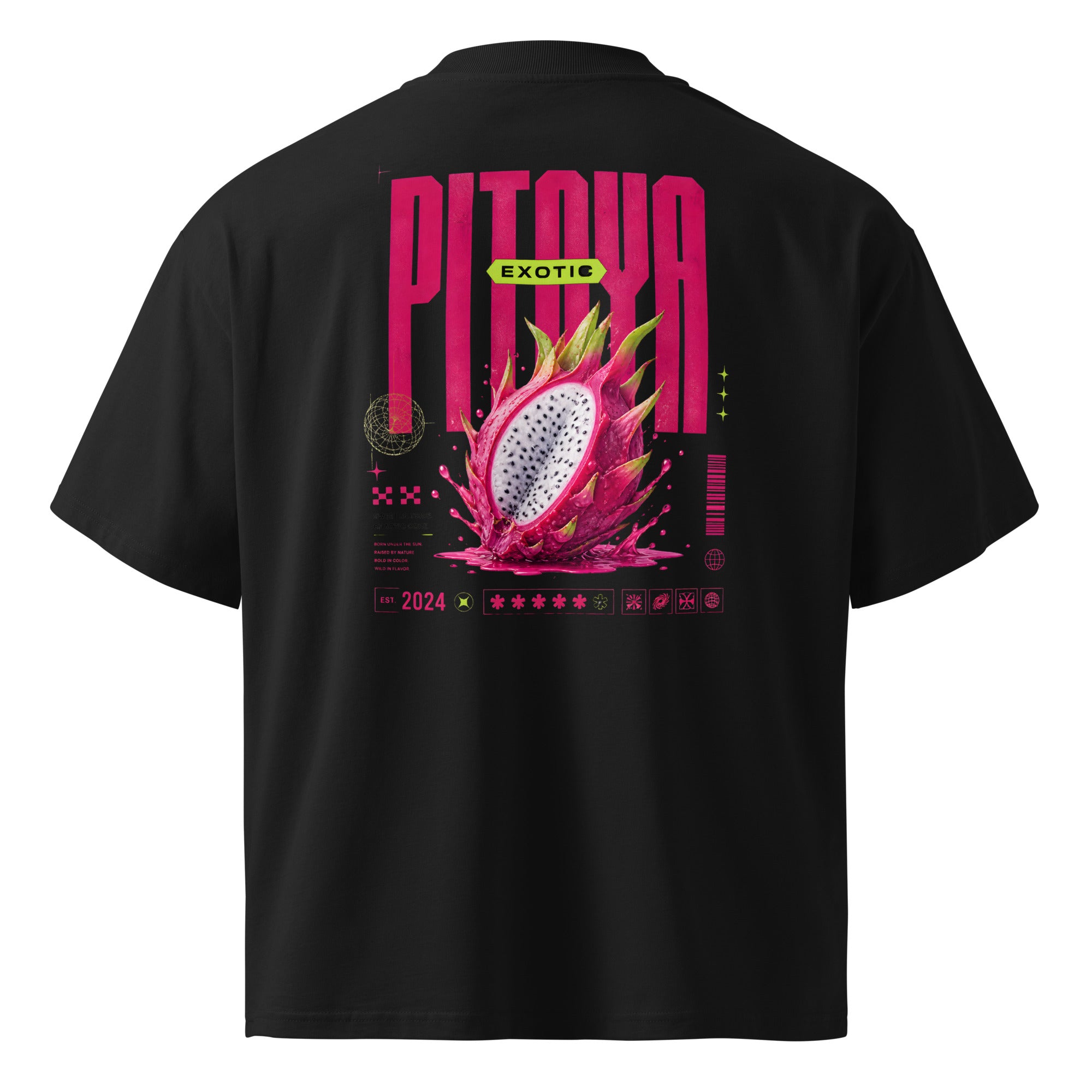 product back view oversized black graphic t shirt pitaya exotic dragon fruit graphic urban streetwear outfit