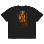 black oversized graphic t-shirt artistic portrait design minimal studio product mockup streetwear fashion