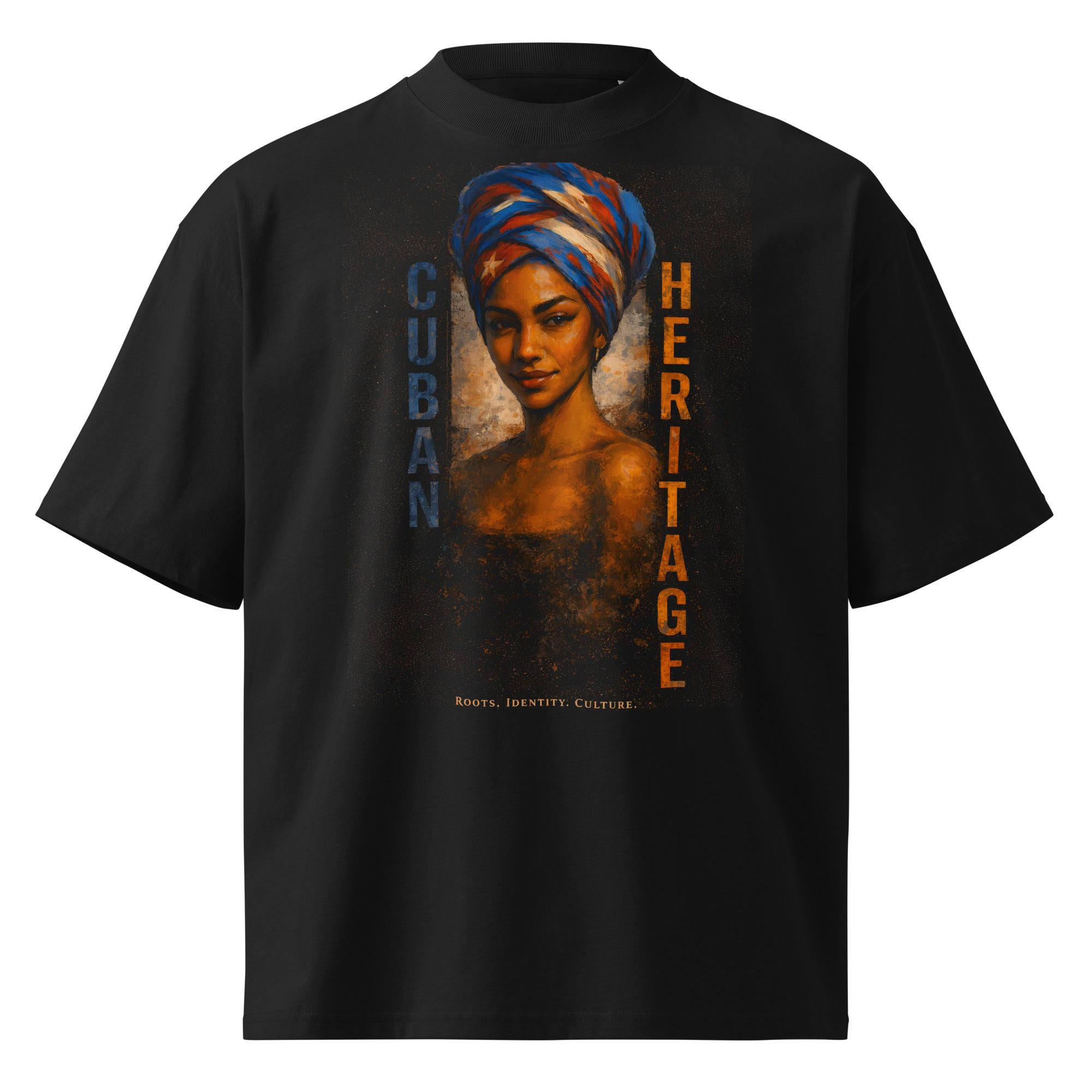 black oversized graphic t-shirt portrait design front view streetwear fashion apparel product mockup