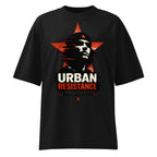 Black oversized graphic t-shirt urban artwork front view modern streetwear clothing design