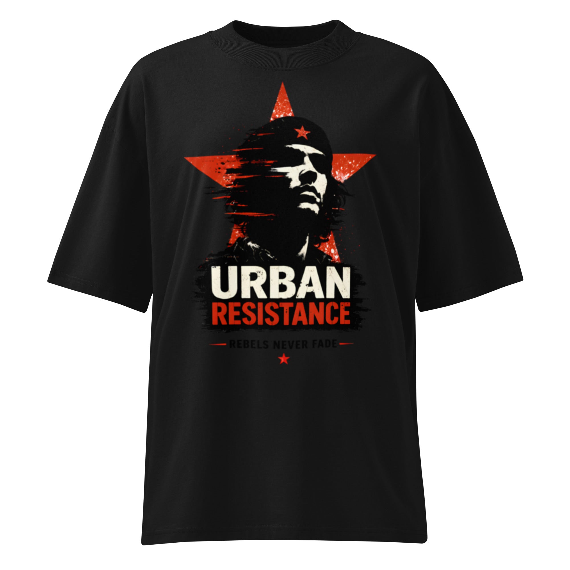 Black oversized graphic t-shirt urban artwork front view modern streetwear clothing design