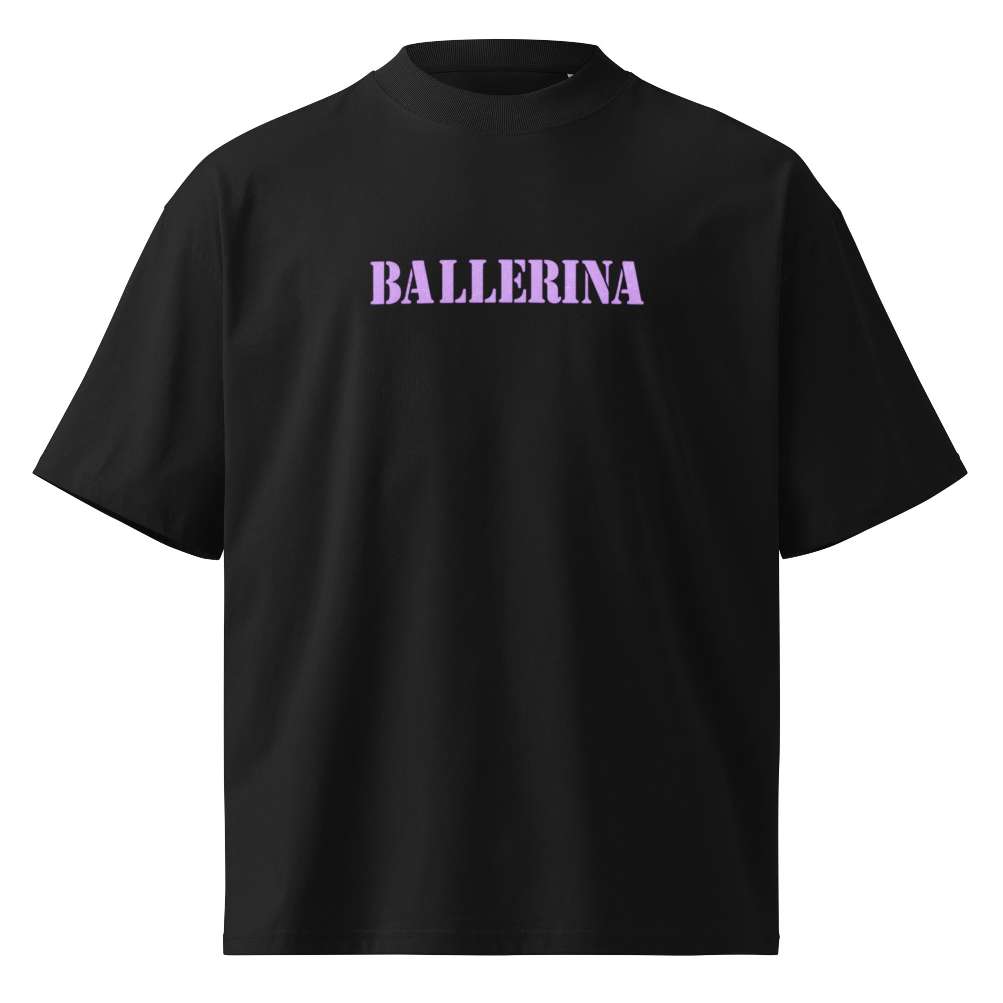 front view oversized black statement graphic t-shirt with pastel lavender ballerina text design streetwear fashion