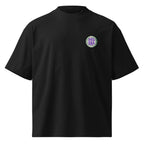 front view black oversized graphic t shirt 90s era chest logo retro streetwear fashion