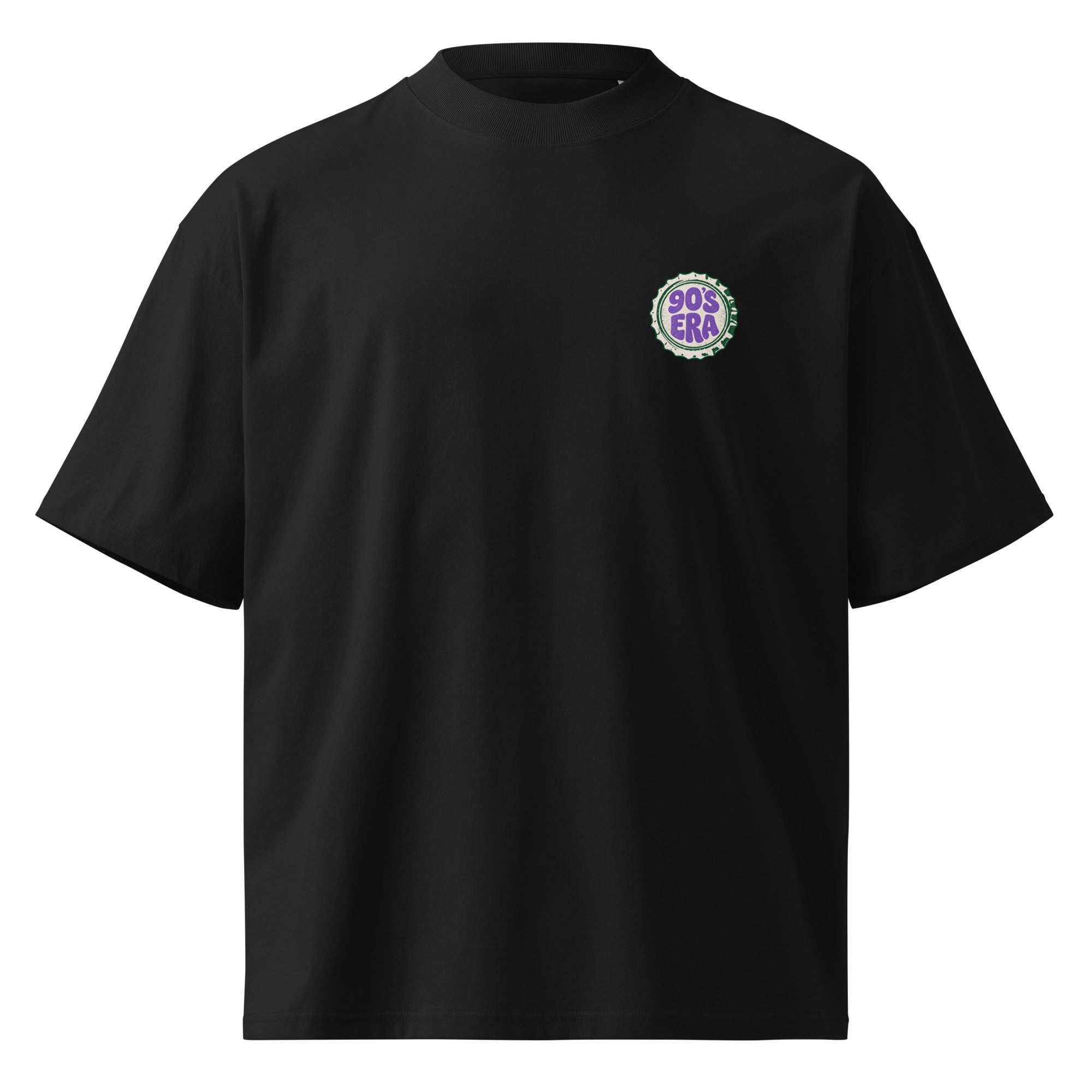 front view black oversized graphic t shirt 90s era chest logo retro streetwear fashion