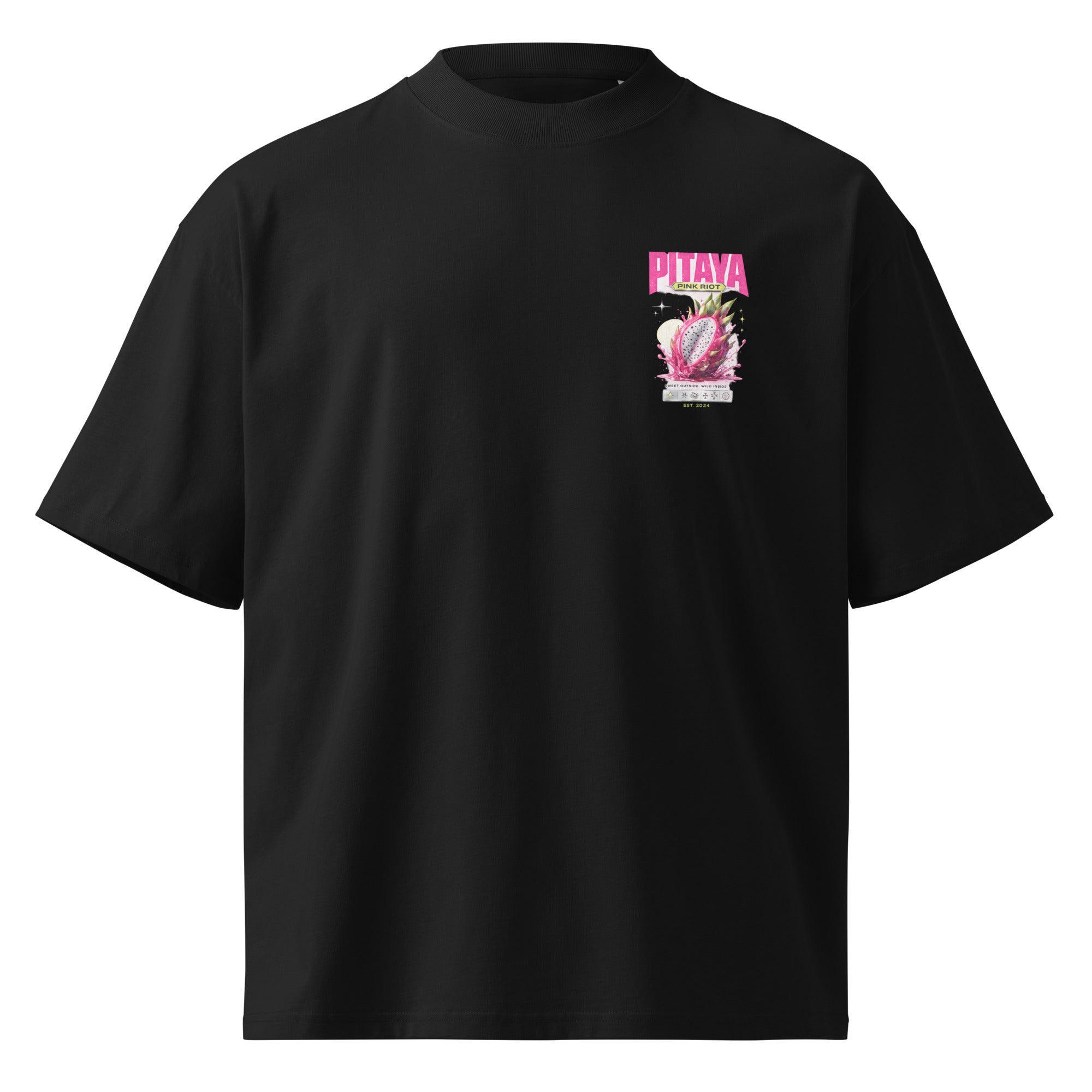product front view oversized black graphic t shirt pitaya pink riot chest print streetwear fashion
