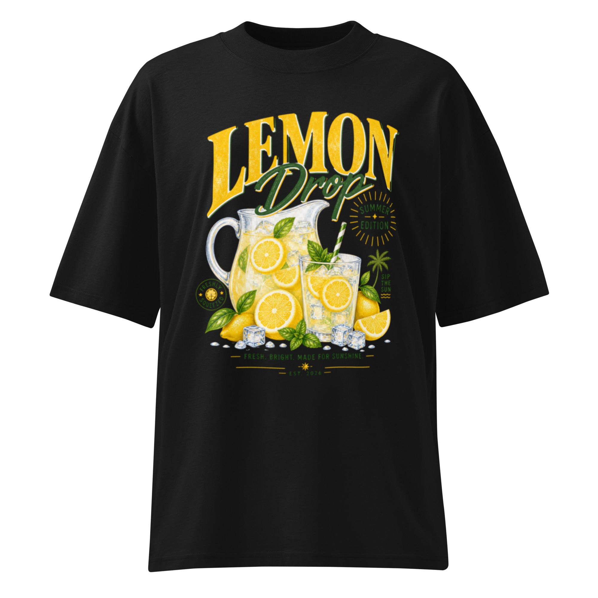 product clean front mockup black relaxed fit lemon drop lemonade graphic t shirt streetwear fashion