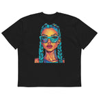 Nöiré black graphic t-shirt with colorful portrait, angled product view