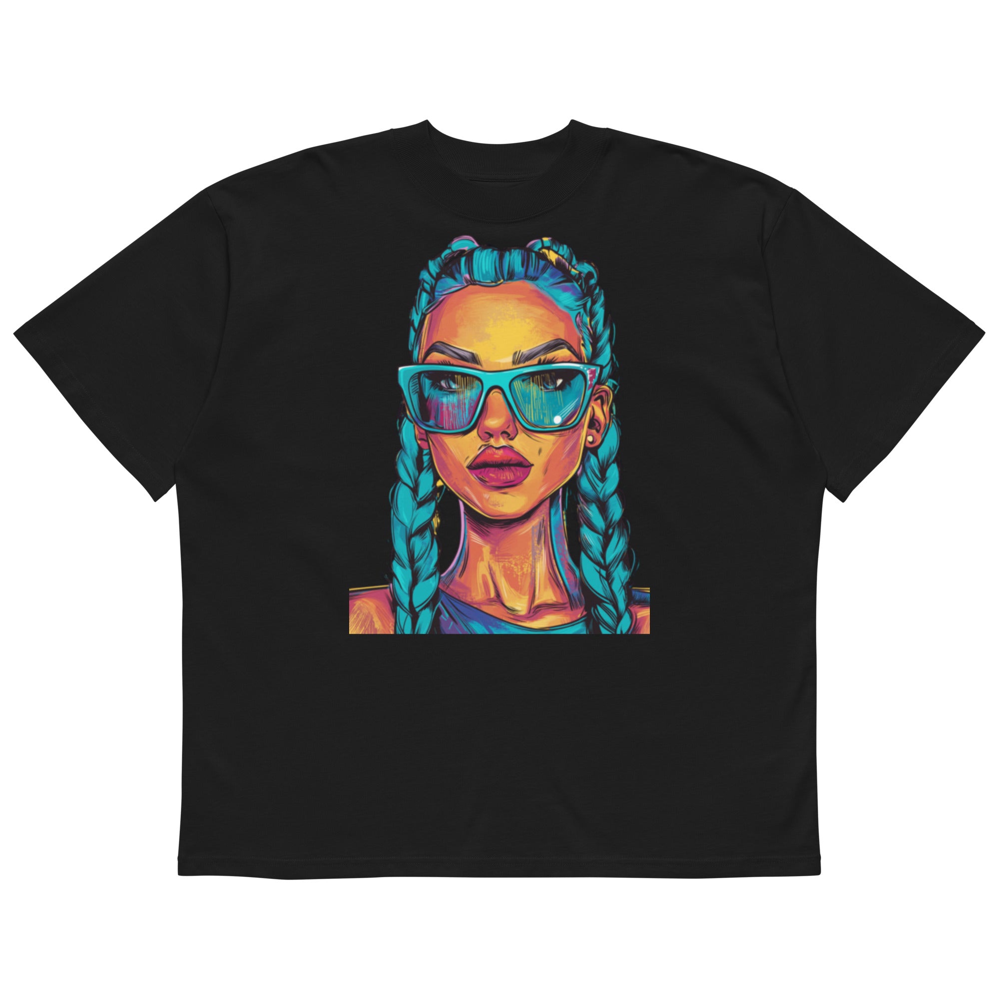Nöiré black graphic t-shirt with colorful portrait, angled product view