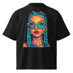 Nöiré black graphic t-shirt with colorful woman portrait, front product view
