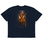 navy oversized graphic t-shirt artistic portrait design minimal background product mockup streetwear clothing