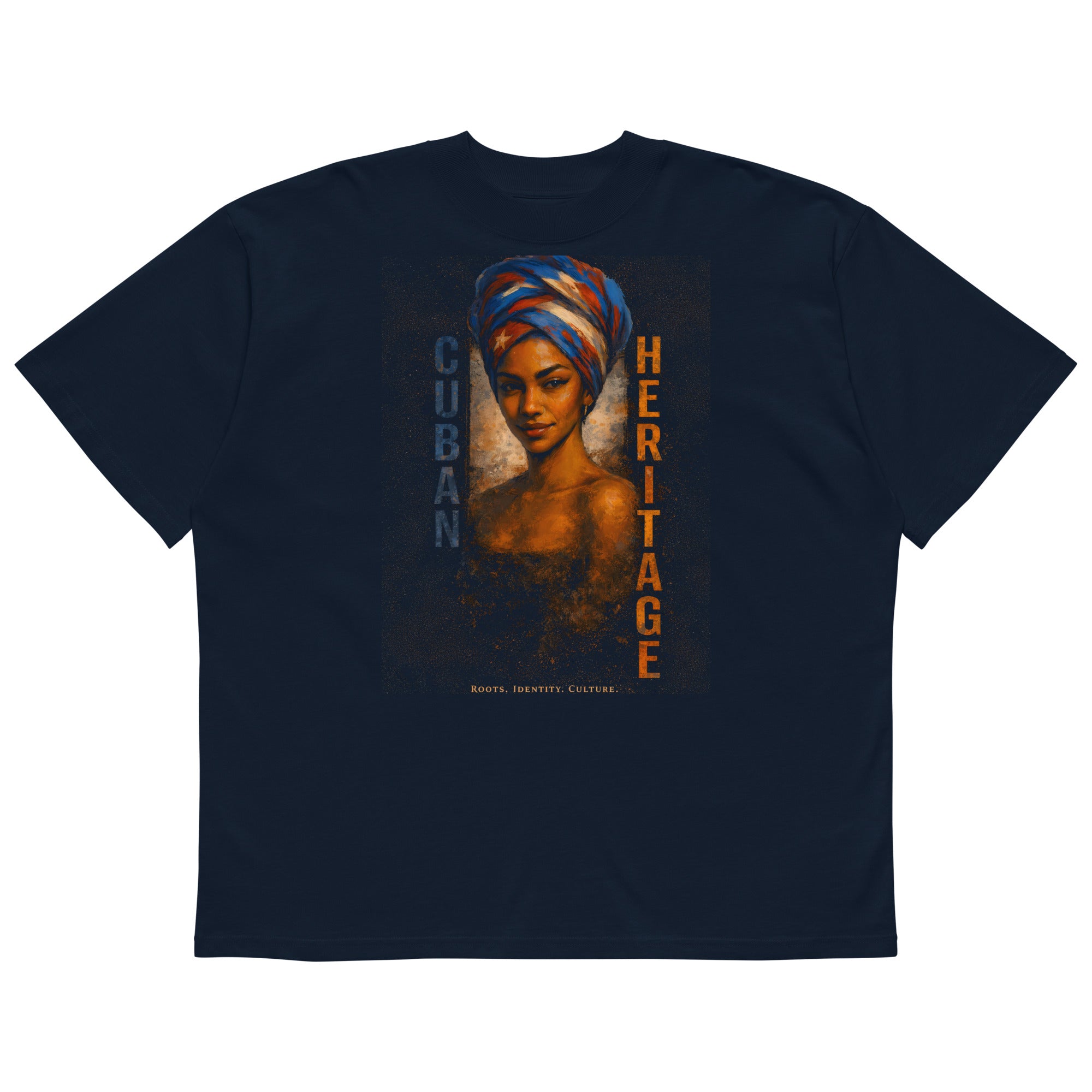 navy oversized graphic t-shirt artistic portrait design minimal background product mockup streetwear clothing