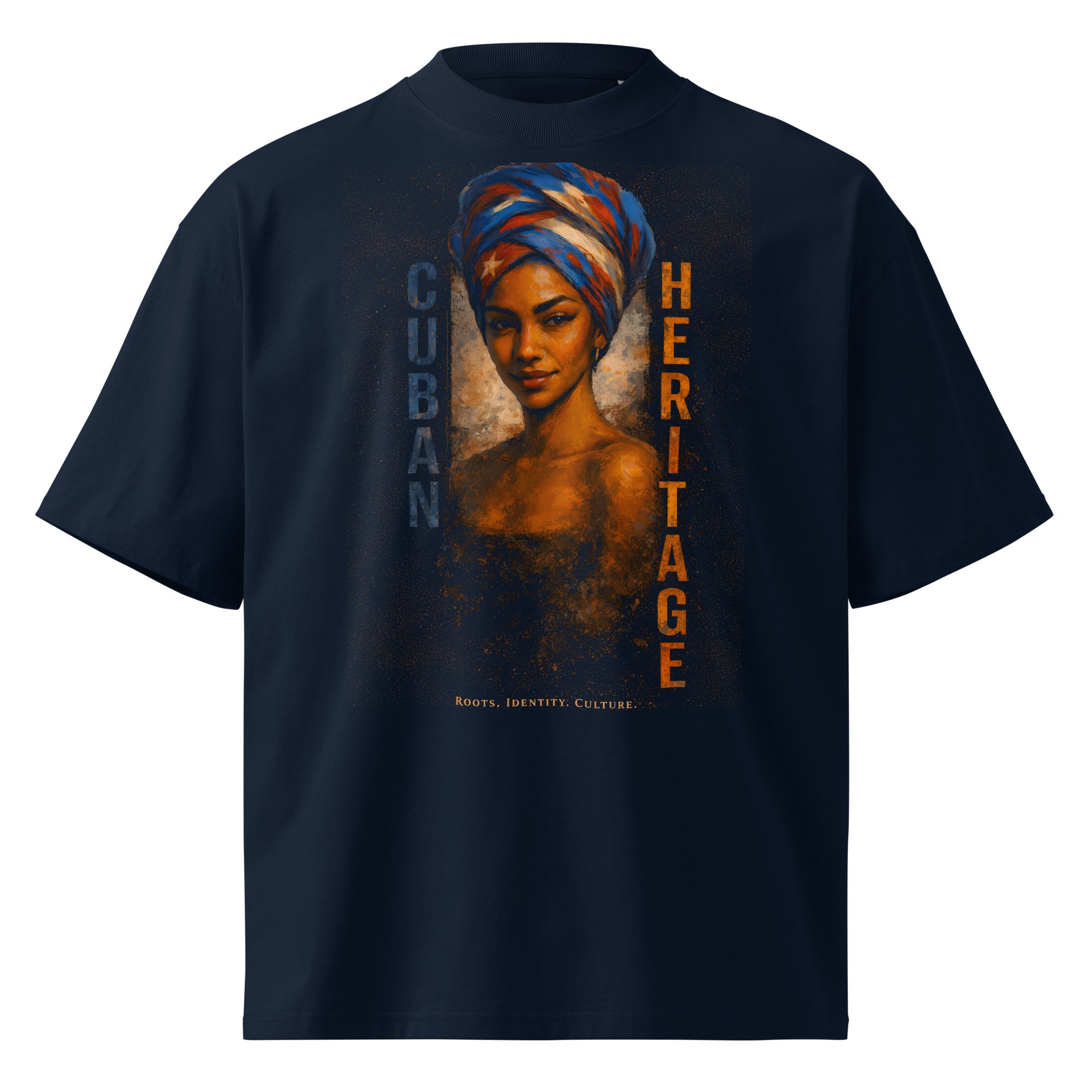 navy oversized graphic t-shirt portrait design front view streetwear fashion product mockup