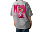 model back view wearing oversized sport grey graphic t shirt pitaya exotic dragon fruit back graphic urban streetwear outfit